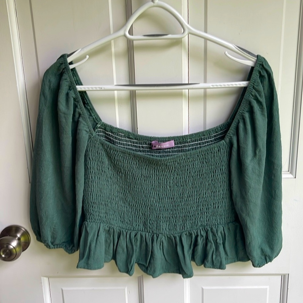 Anthropologie Green Smocked Peasant Top